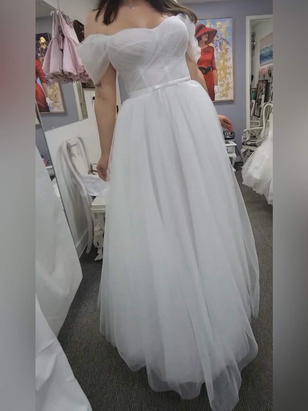 Teuta Matoshi White Off-Shoulder Tulle Wedding Gown- comes with veil!